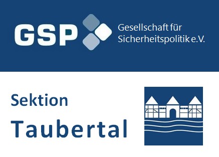 Logo der GSP, Gesellschaft für Sicherheitspolitik e.V., Sektion Taubertal, mit stilisiertem Bild von Häusern und Fluss.