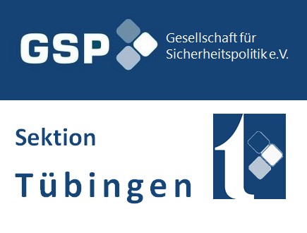 GSP Gesellschaft für Sicherheitspolitik e.V., Sektion Tübingen. Logo mit GSP-Schriftzug, vier Quadraten und einer stilisierten '1'.