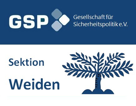 Logo der Gesellschaft für Sicherheitspolitik e.V., mit dem Text "Sektion Weiden" und einem stilisierten Baum-Symbol.