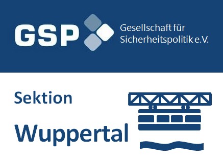 Logo der GSP Gesellschaft für Sicherheitspolitik e.V. mit Text 'Sektion Wuppertal' und Symbol der Wuppertaler Schwebebahn.