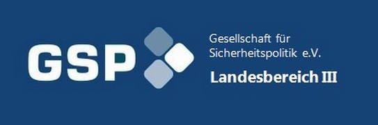 GSP Gesellschaft für Sicherheitspolitik e.V. Landesbereich III Logo auf blauem Hintergrund mit weißem Text und drei hellgrauen Quadraten.