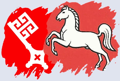 Ein weißer Schlüssel auf rotem Grund links, und ein weißes aufbäumendes Pferd auf rotem Grund rechts, Symbole Bremens und Niedersachsens.