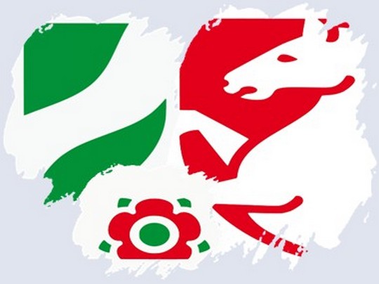 Stilisierte Logos: grünes Steiermark-Symbol, weißes Sachsenross auf Rot (Niedersachsen), rote NRW-Rose mit grünem Punkt (Nordrhein-Westfalen).