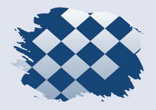 Blau-weißes Rautenmuster, charakteristisch für die bayerische Flagge, in einer zerzausten Farbspritzerform.