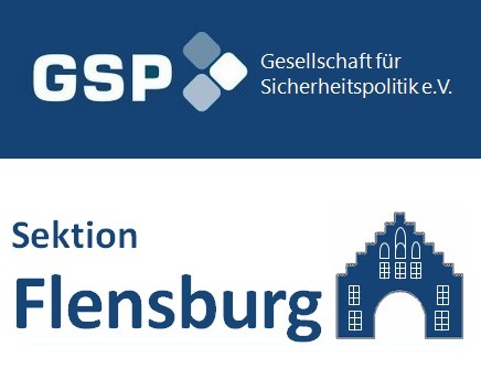 Logo der GSP (Gesellschaft für Sicherheitspolitik e.V.) Sektion Flensburg mit Gebäudeillustration.