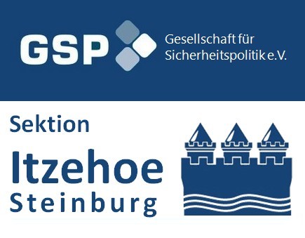 GSP Sektion Itzehoe Steinburg Logo: 'Gesellschaft für Sicherheitspolitik e.V.', 'Sektion Itzehoe Steinburg' und Burgsymbol.